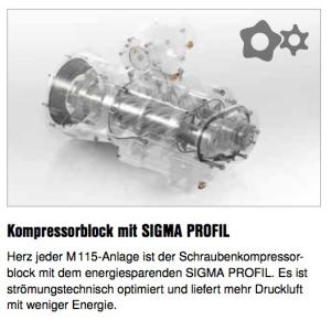Kompressorblock mit SIGMA PROFIL Herz
jeder M115-Anlage ist der Schraubenkompressor-
block mit dem energiesparenden SIGMA PROFIL.
Es ist strömungstechnisch optimiert und
liefert mehr Druckluft mit weniger Energie.